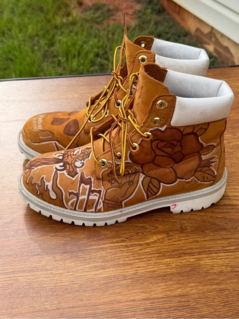 Timberland 6” Custom Hand Painted Aquarius Skull Rose Boots Boys 5.5 Women 7